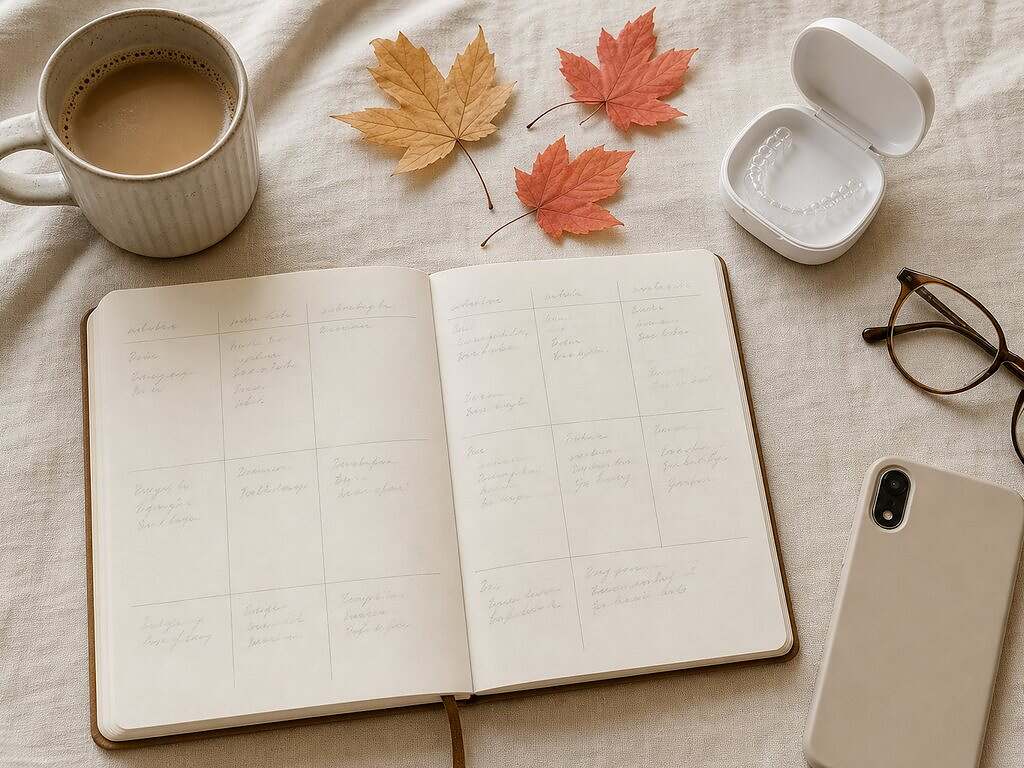 Fall planner with clear aligner case Planner, coffee, reading glasses and a clear aligner case on a linen table with autumn leaves