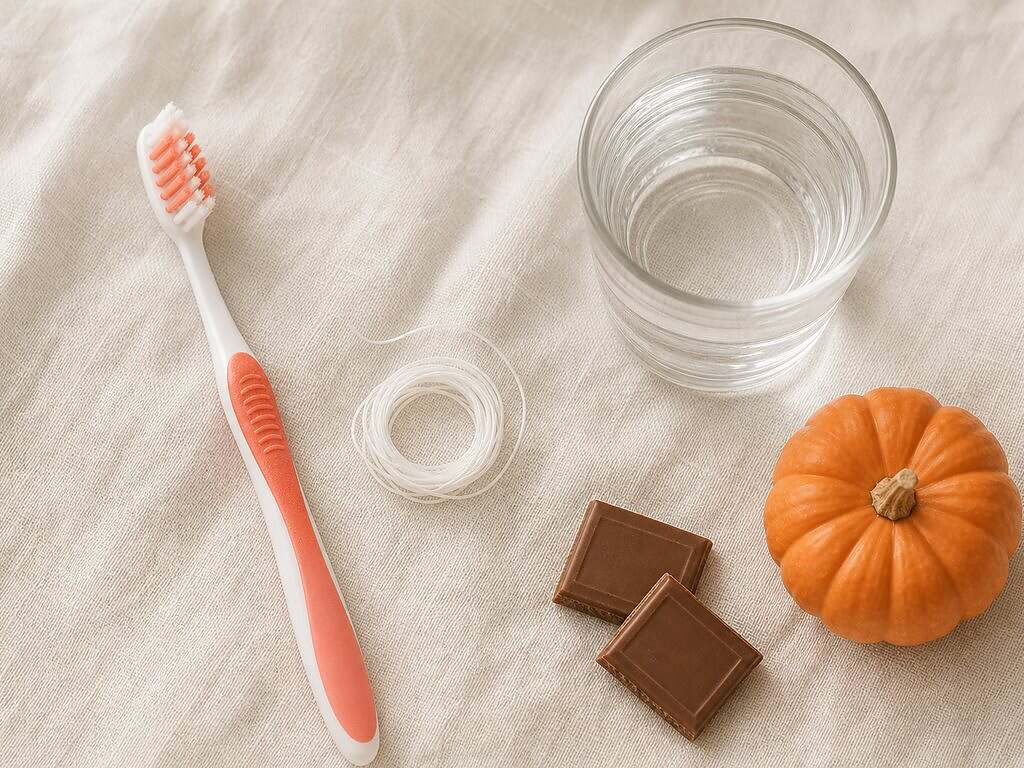 Toothbrush, floss and a glass of water beside two pieces of chocolate and a mini pumpkin