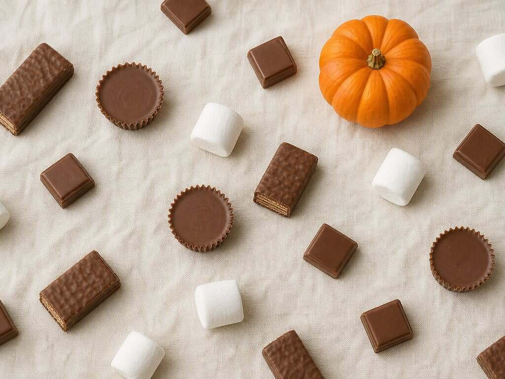 Plain chocolate, peanut butter cups, wafer bars and marshmallows on a cream cloth